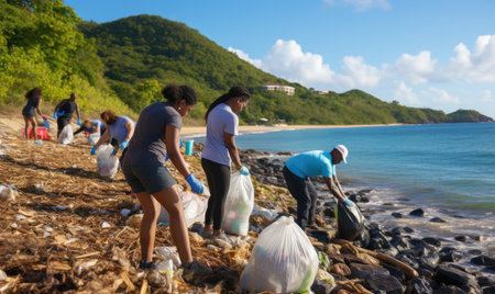 A group of people picking up trash on a beachの素材