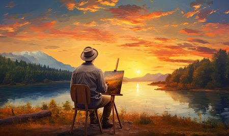 A painting of a man sitting on a chair in front of a lakeの素材