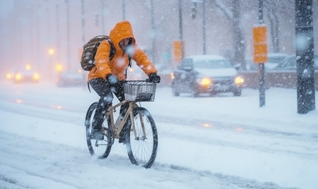 A man riding a bike down a snow covered streetの素材