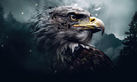 A bald eagle is shown in front of a dark skyの素材