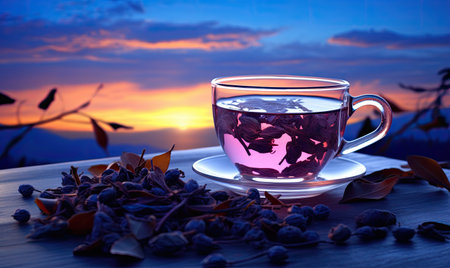 A cup of tea with leaves on a tableの素材