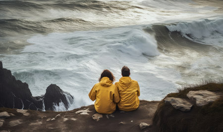 Two people sitting on a cliff overlooking the oceanの素材