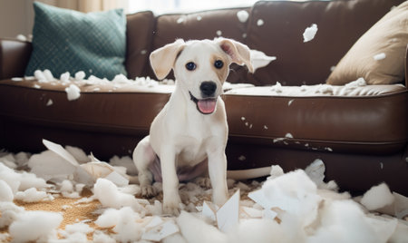 A white dog sitting on top of a pile of paperの素材