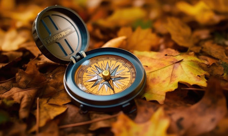 A compass sitting on top of a pile of leavesの素材