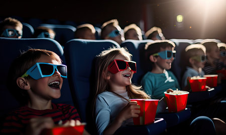 A group of children in 3d glasses watching a movieの素材
