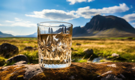 A glass of whiskey sitting on top of a rockの素材