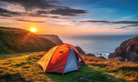 A tent pitched up on a grassy hill overlooking the oceanの素材