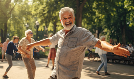 A group of older people dancing in a parkの素材