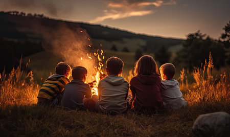 A group of children sitting around a campfireの素材