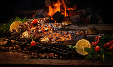 Grilled fish on a grill with lemons and tomatoesの素材