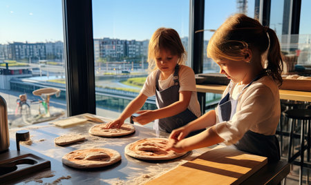 Two young girls making homemade pizzas in a kitchenの素材