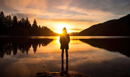 Standing Tall on Serene Shores: A Solitary Figure Embracing Nature's Beautyの素材