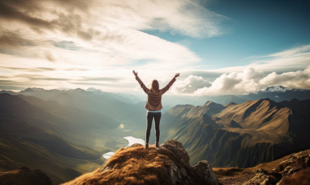 Triumphant Summit: A Woman Embracing the Majestic View with Arms Raised Highの素材