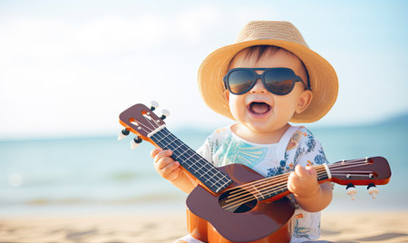 A Playful Melody: A Baby Strumming a Ukulele on the Sandy Shoreの素材