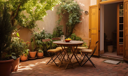 A Serene Outdoor Retreat with a Charming Patio, Cozy Table and Chairs, and Lush Potted Plantsの素材