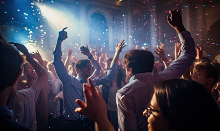 A group of people at a party with confetti in the airの素材