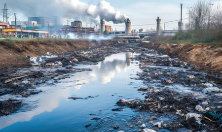 A river filled with lots of trash next to a factoryの素材