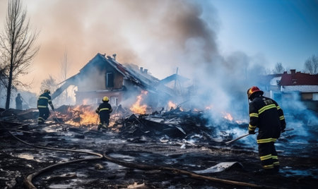 A group of fire fighters standing in front of a houseの素材