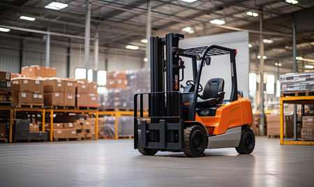 A forklift in a warehouse with boxes on the floorの素材