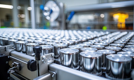 A conveyor belt filled with lots of cansの素材