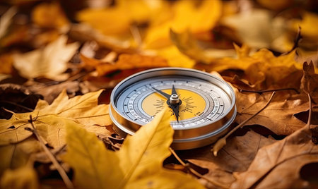 A compass sitting on top of a pile of leavesの素材