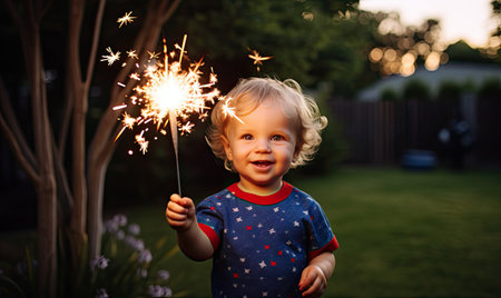A little girl holding a sparkler in her handの素材