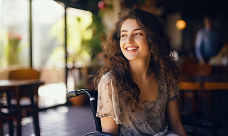 A woman sitting in a wheel chair smilingの素材
