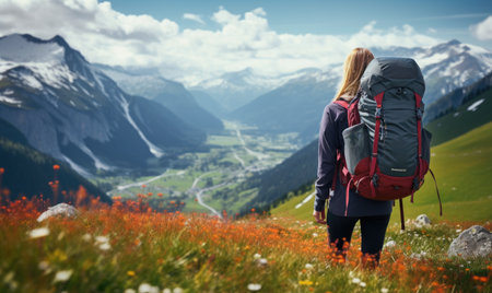 A woman with a backpack is standing on a hillの素材