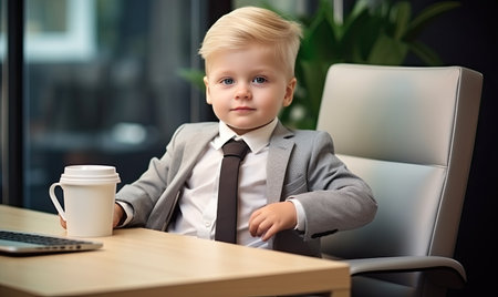 A little boy sitting at a desk with a cup of coffeeの素材