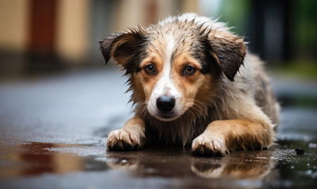 A brown and white dog laying on top of a wet floorの素材