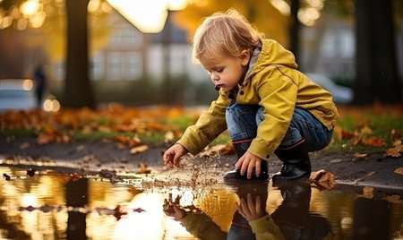 A little boy playing in a puddle of waterの素材