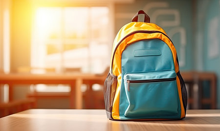 A blue and yellow backpack sitting on top of a tableの素材