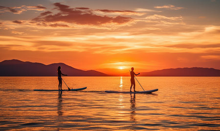 A couple of people riding paddle boards on a body of waterの素材