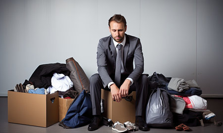 A man in a suit sitting on top of a boxの素材