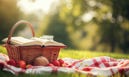A picnic basket with an open book and eggs on a blanketの素材