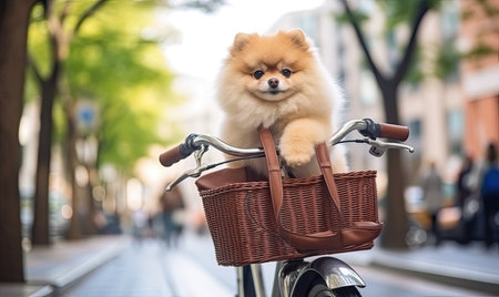 A small dog sitting on the back of a bicycleの素材
