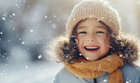A little girl wearing a winter coat and a hatの素材