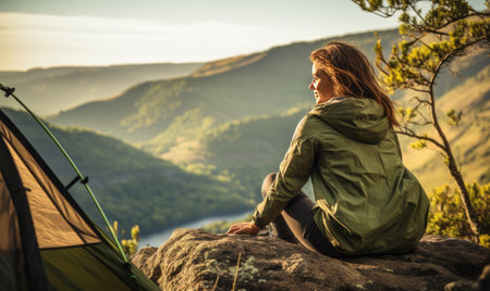 A woman sitting on top of a mountain next to a tentの素材