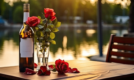 A bottle of wine and roses on a tableの素材