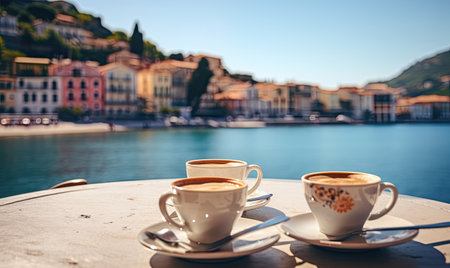 Two cups of coffee sitting on top of a tableの素材