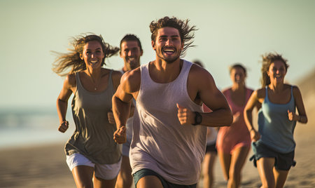A Joyful Gathering of Friends Running Along the Sandy Shoreの素材