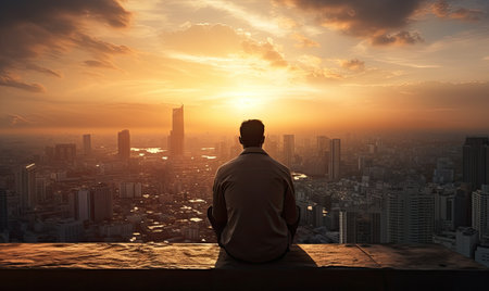 Overlooking the Cityscape: A Serene Man Contemplating Life's Heightsの素材