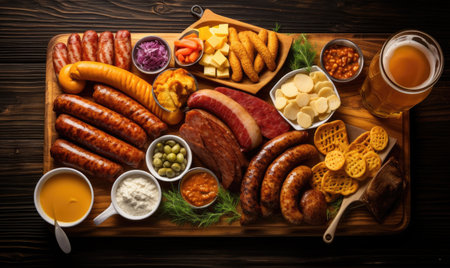 A Delicious Feast: A Variety of Savory and Sweet Dishes on a Rustic Wooden Platterの素材