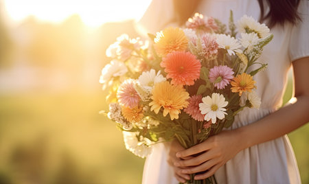 Ethereal Elegance: A Woman in a White Dress Embracing a Bouquet of Bloomsの素材