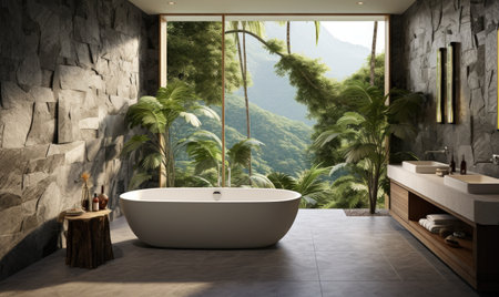 A Serene Retreat: A Bathroom Oasis with a Luxurious Tub, Elegant Sink, and Sunlit Windowの素材