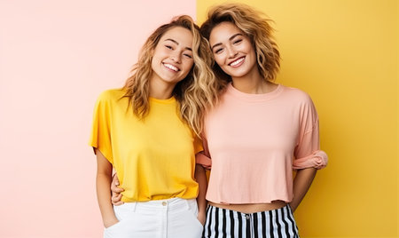 Two Women Embracing Friendship With Joy and Radiant Smilesの素材
