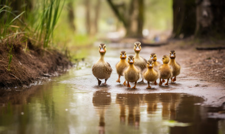 A Flock of Ducks Strolling Down a Dusty Country Laneの素材