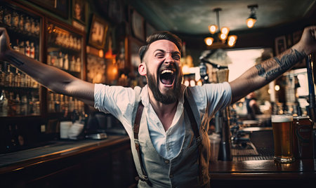 A Bearded Man Enjoying a Pint in a Cozy Bar Settingの素材