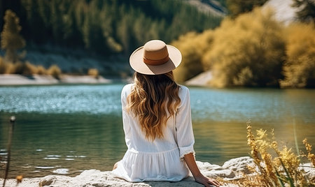 Serenity at the Shimmering Waters: A Woman Contemplating the Tranquil Beauty of a Scenic Lake Viewの素材