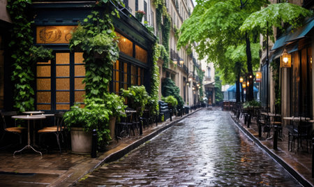 A Picturesque Cobblestone Street Lined with Vibrant Potted Plantsの素材